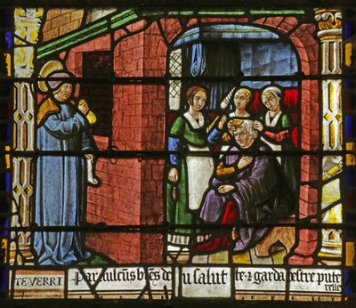 Fenster, das den heiligen Nikolaus zeigt, wie er Geld für den Vater von drei Mädchen hinterlässt von French School